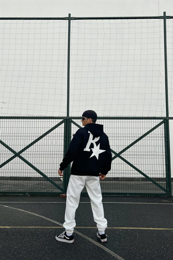R Star Sırt Baskılı Siyah İçi Pamuklu Oversize Hoodie