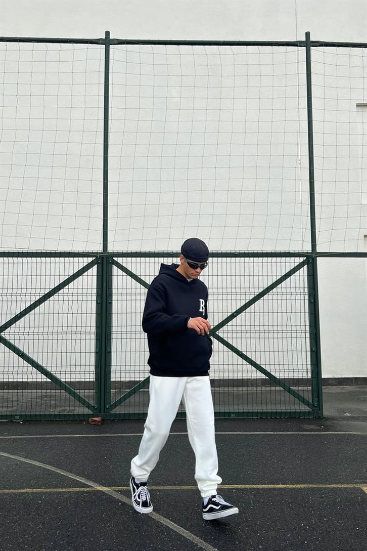 R Star Sırt Baskılı Siyah İçi Pamuklu Oversize Hoodie