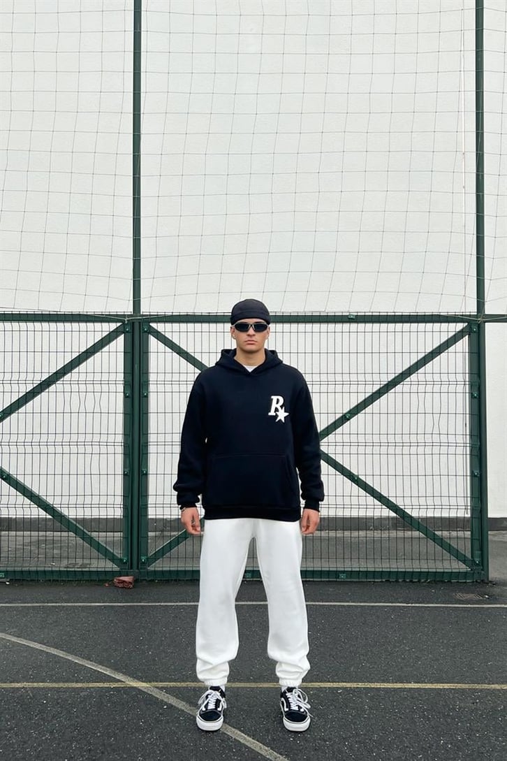 R Star Sırt Baskılı Siyah İçi Pamuklu Oversize Hoodie