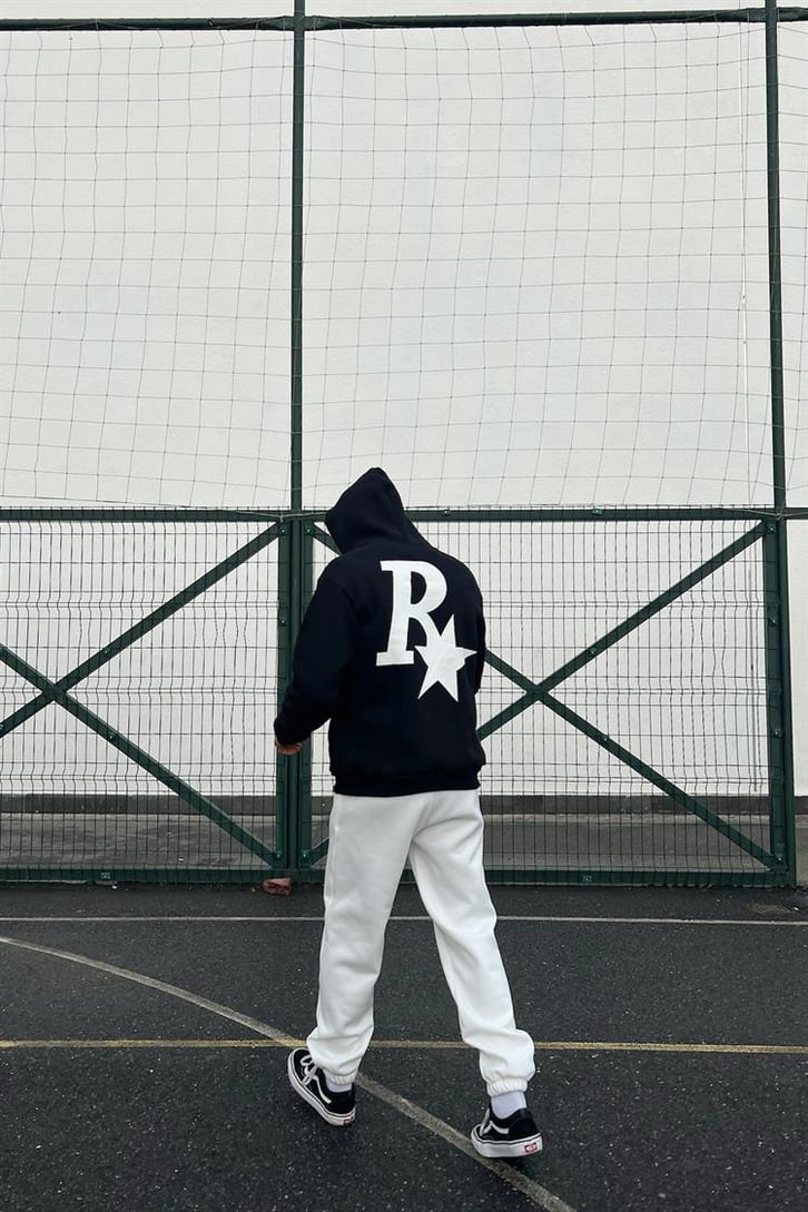R Star Sırt Baskılı Siyah İçi Pamuklu Oversize Hoodie