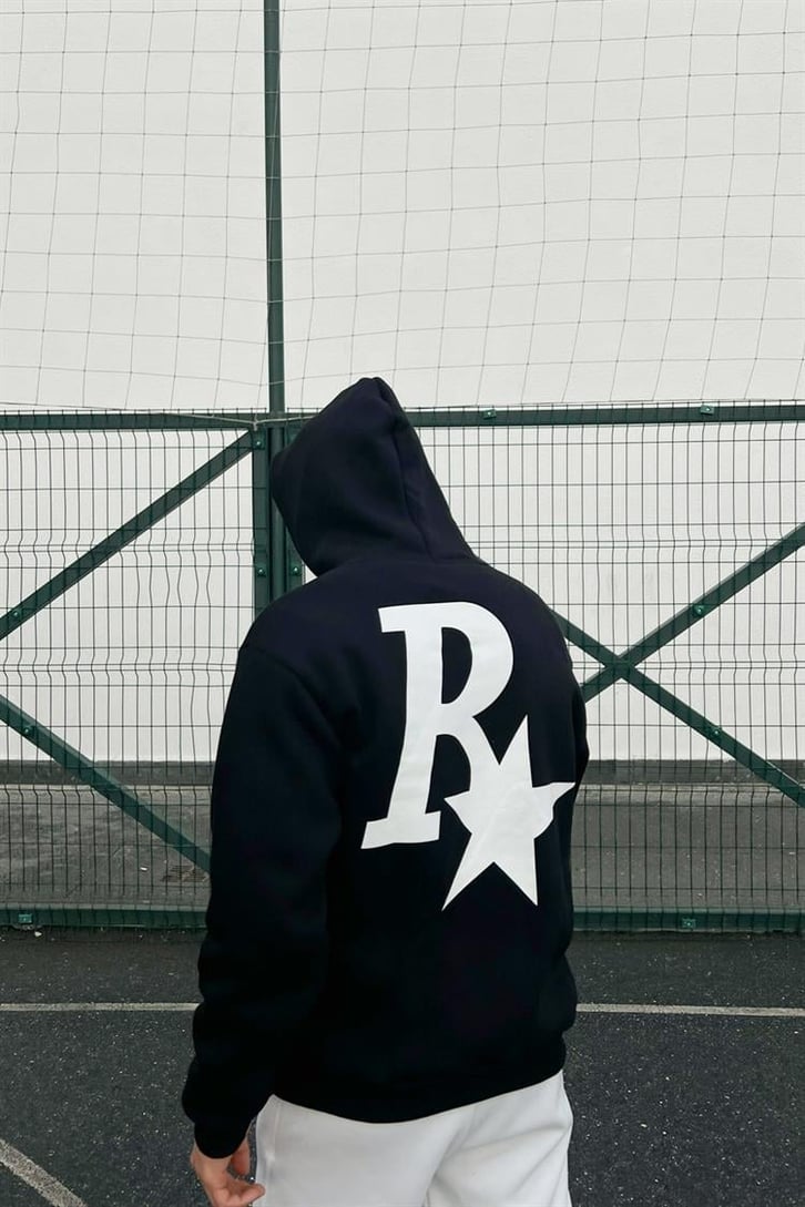 R Star Sırt Baskılı Siyah İçi Pamuklu Oversize Hoodie
