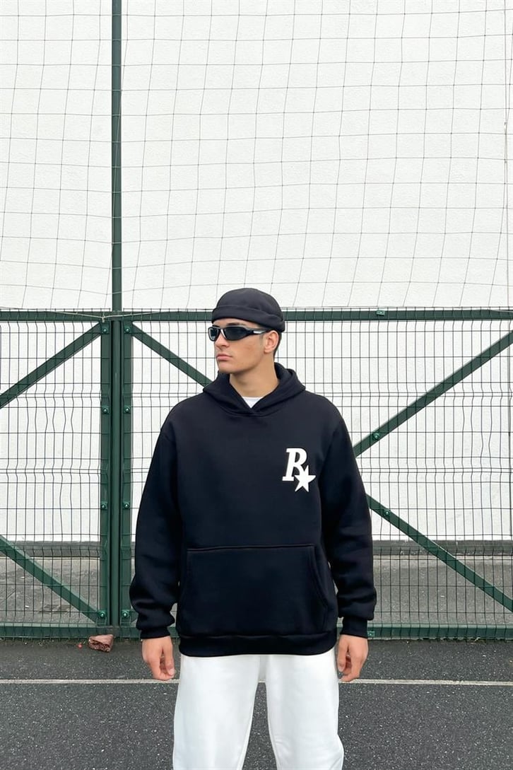R Star Sırt Baskılı Siyah İçi Pamuklu Oversize Hoodie