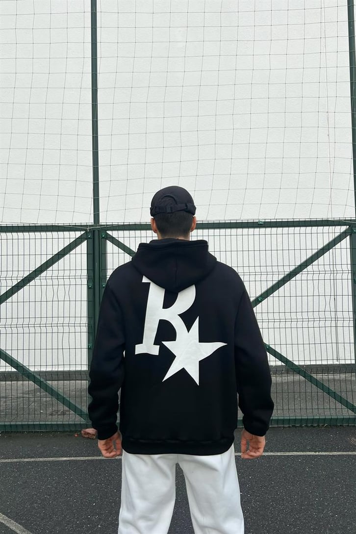R Star Sırt Baskılı Siyah İçi Pamuklu Oversize Hoodie