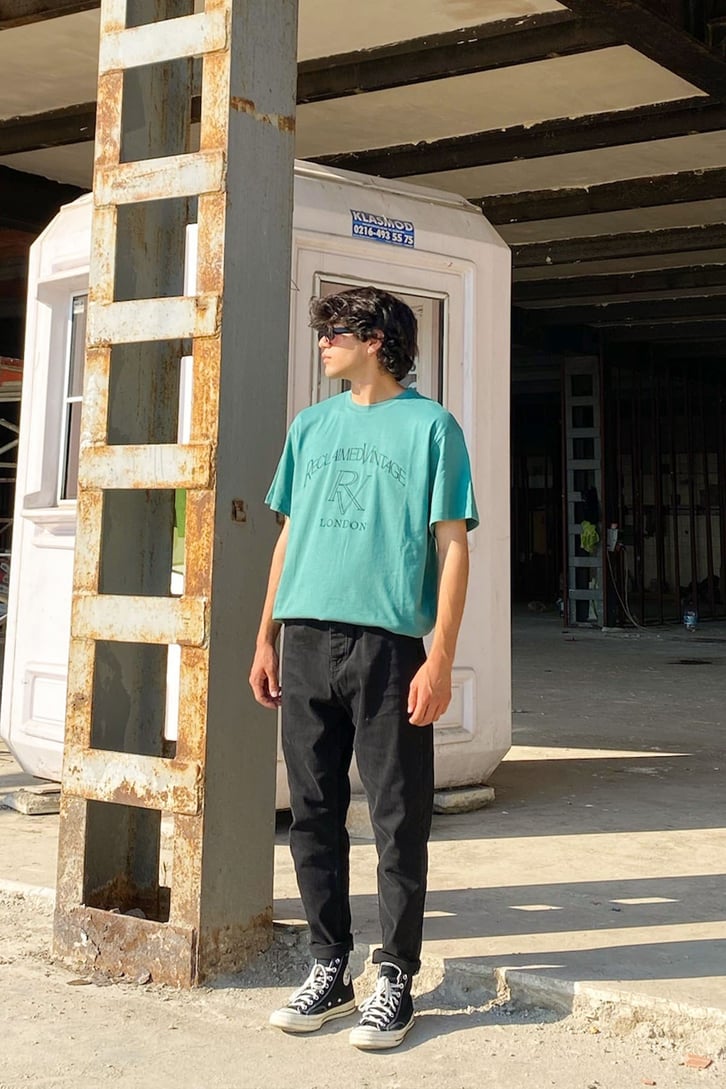 R.V. London Baskılı Yeşil Oversize Tshirt