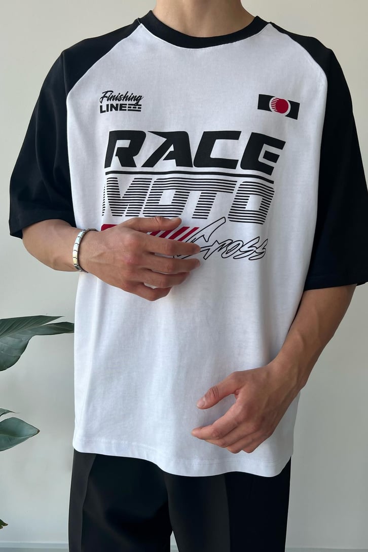 Race Baskılı Siyah Oversize Tişört