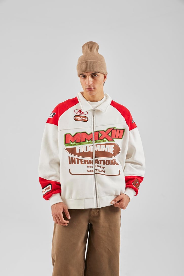 Racing Baskılı Ekru Oversize Ceket