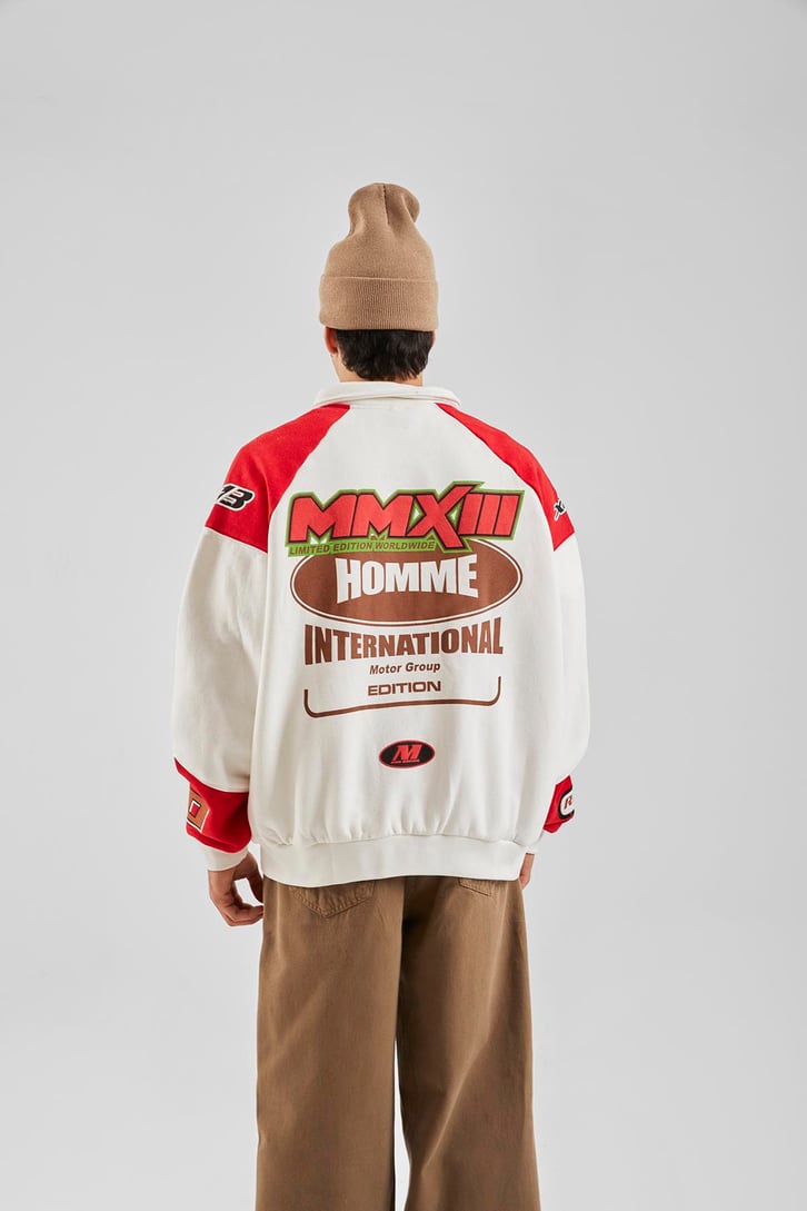 Racing Baskılı Ekru Oversize Ceket