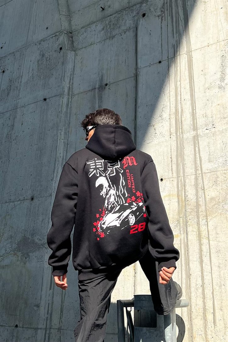 Racing Car 28 Siyah İçi Pamuklu Oversize Hoodie