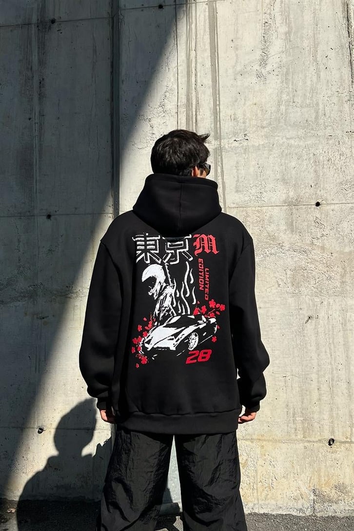 Racing Car 28 Siyah İçi Pamuklu Oversize Hoodie