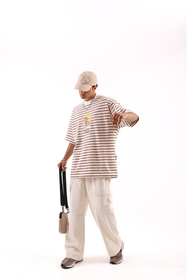 Realistic Baskılı Çizgili Oversize Tshirt