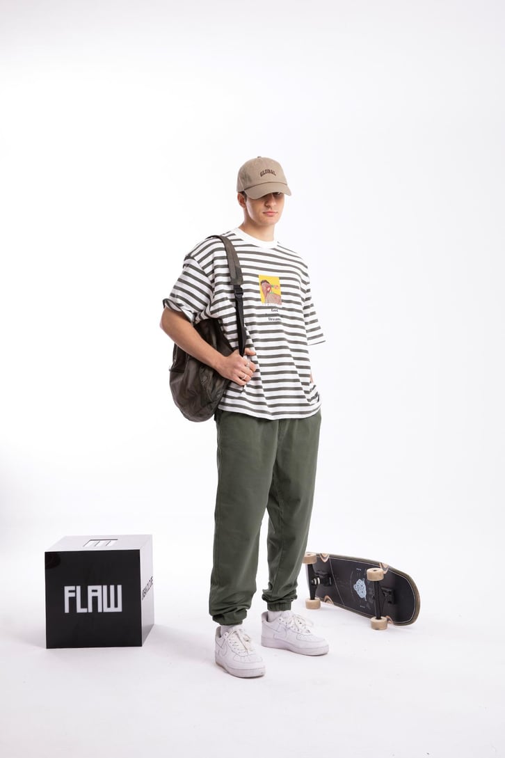Realistic Baskılı Çizgili Oversize Tshirt