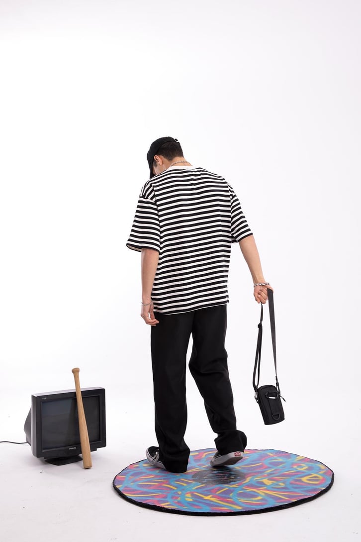 Realistic Baskılı Çizgili Oversize Tshirt