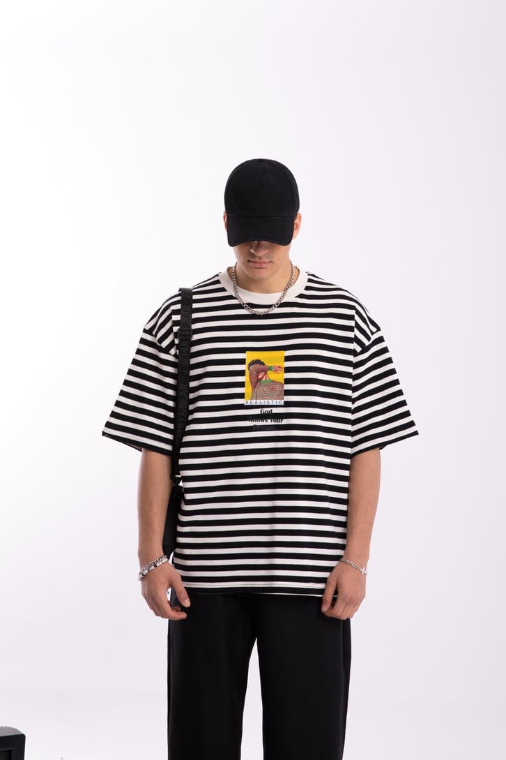 Realistic Baskılı Çizgili Oversize Tshirt