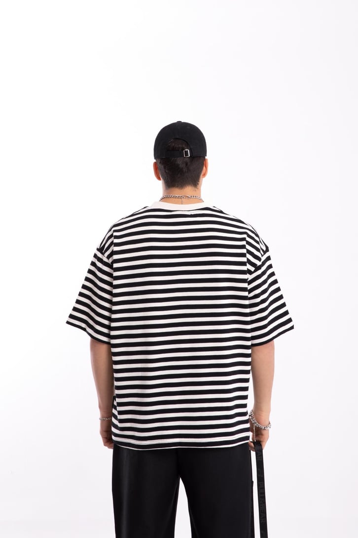 Realistic Baskılı Çizgili Oversize Tshirt