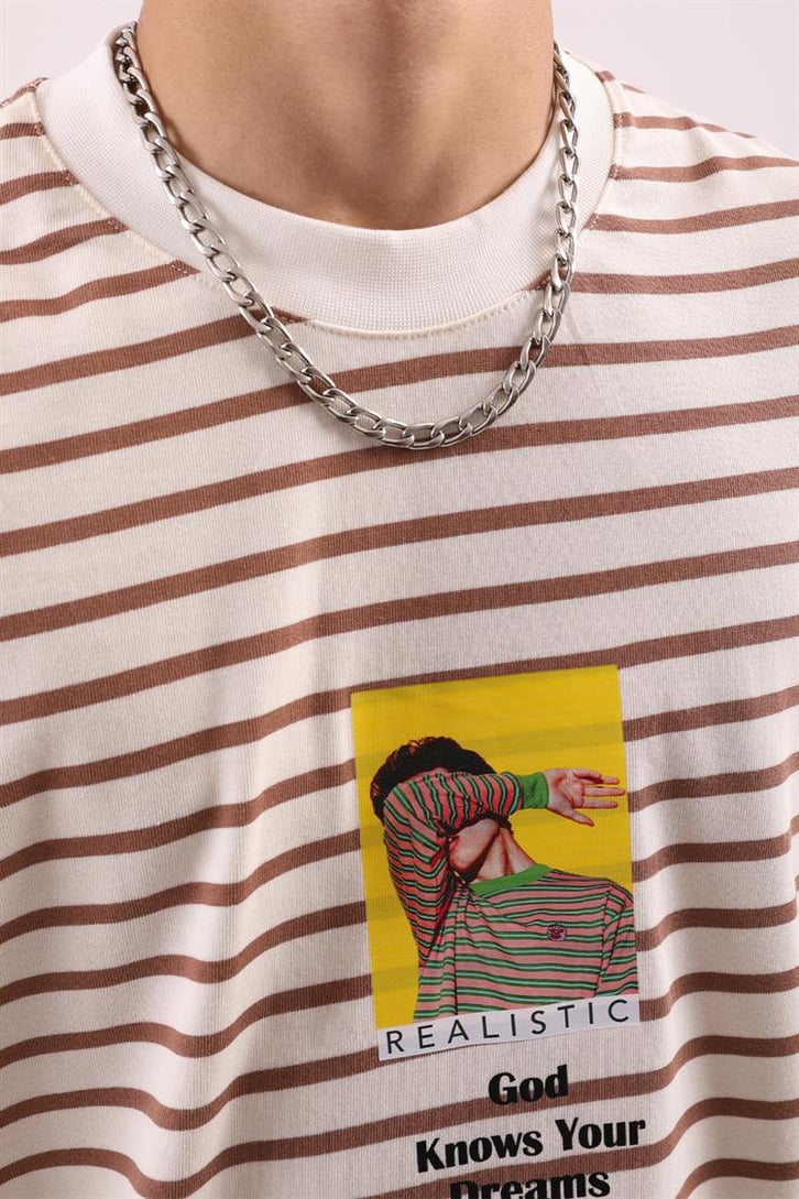 Realistic Baskılı Çizgili Oversize Tshirt