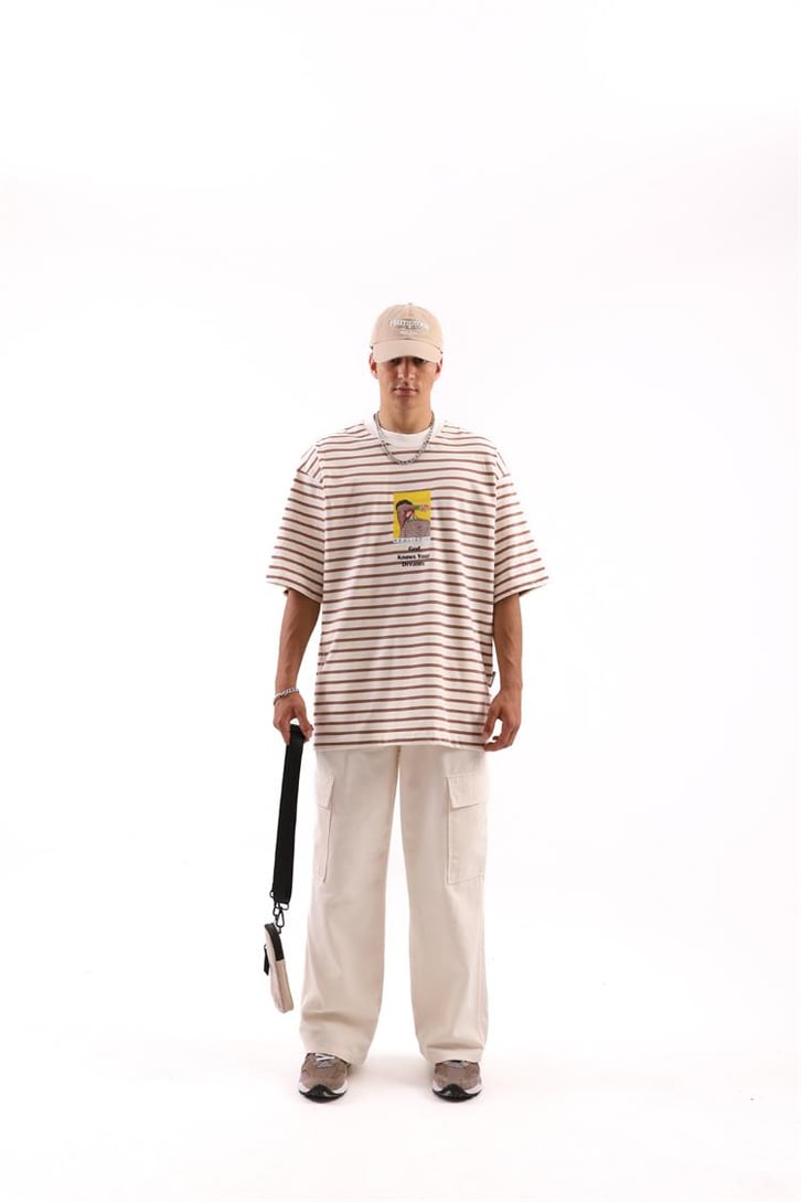 Realistic Baskılı Çizgili Oversize Tshirt