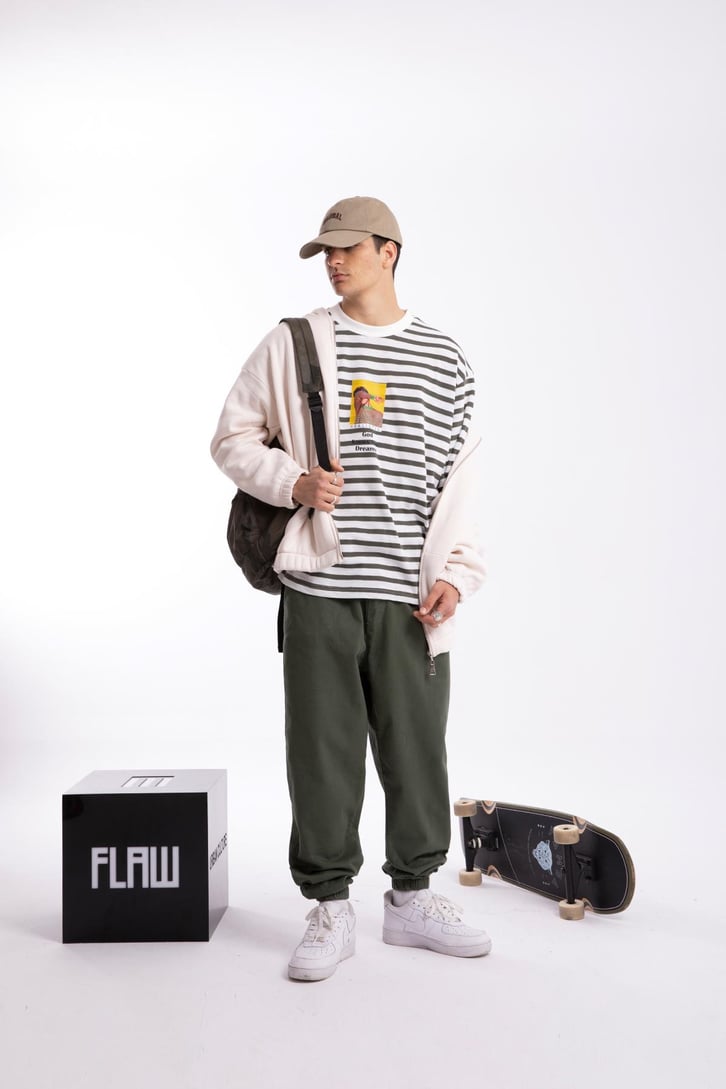 Realistic Baskılı Çizgili Oversize Tshirt