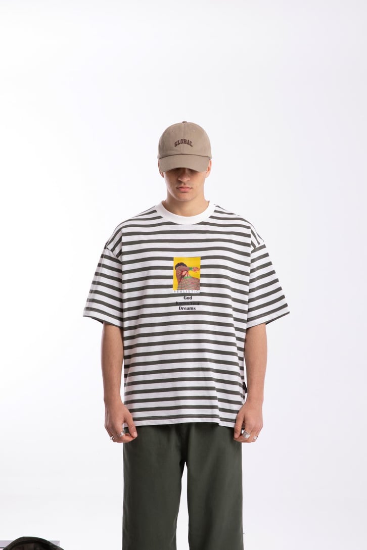 Realistic Baskılı Çizgili Oversize Tshirt