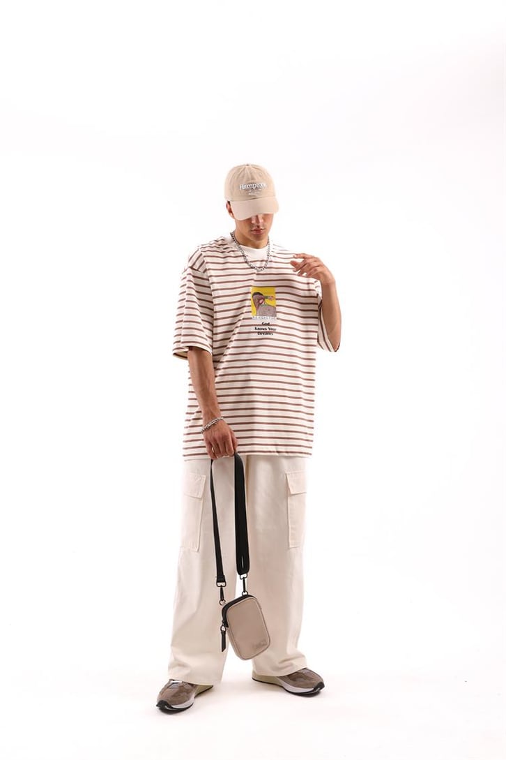 Realistic Baskılı Çizgili Oversize Tshirt