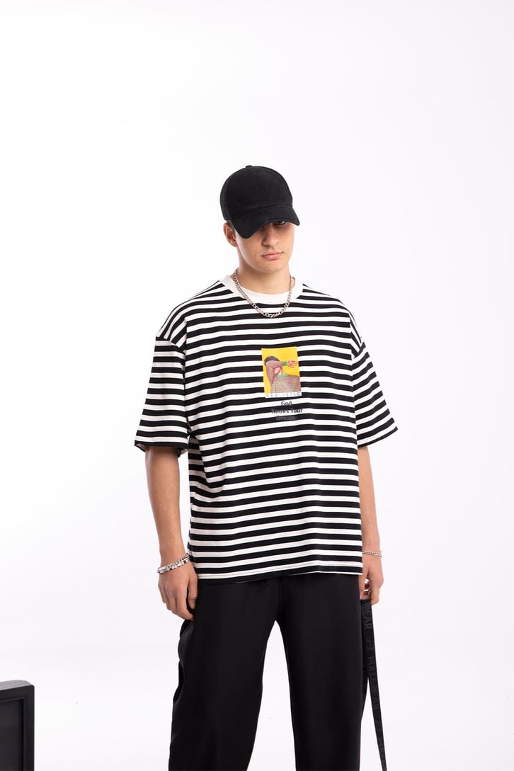 Realistic Baskılı Çizgili Oversize Tshirt