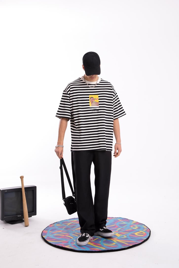 Realistic Baskılı Çizgili Oversize Tshirt