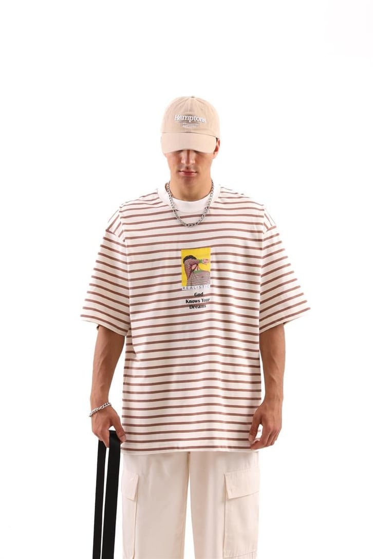 Realistic Baskılı Çizgili Oversize Tshirt