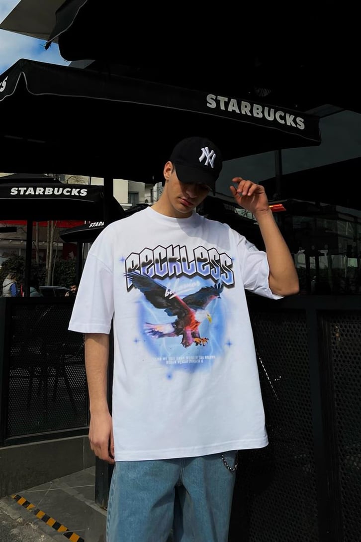 Reckless Eagle Beyaz Oversize Tişört