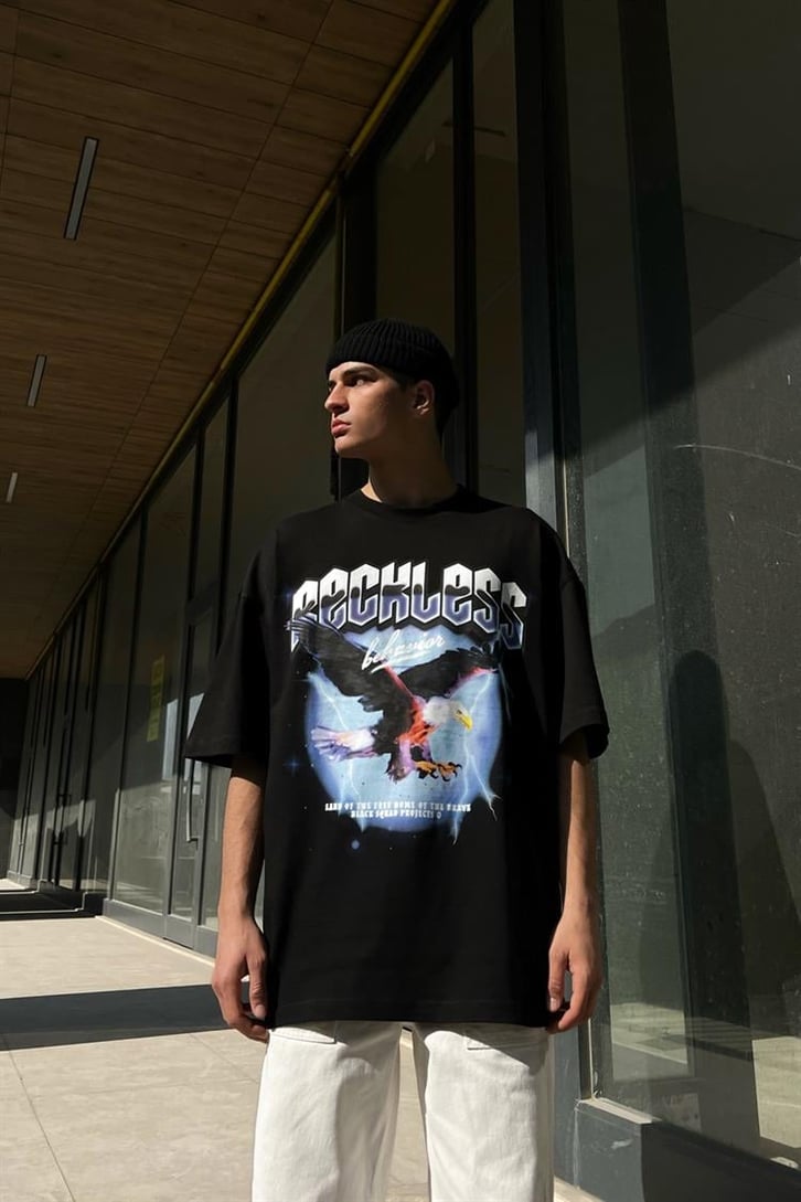 Reckless Eagle Siyah Oversize Tişört