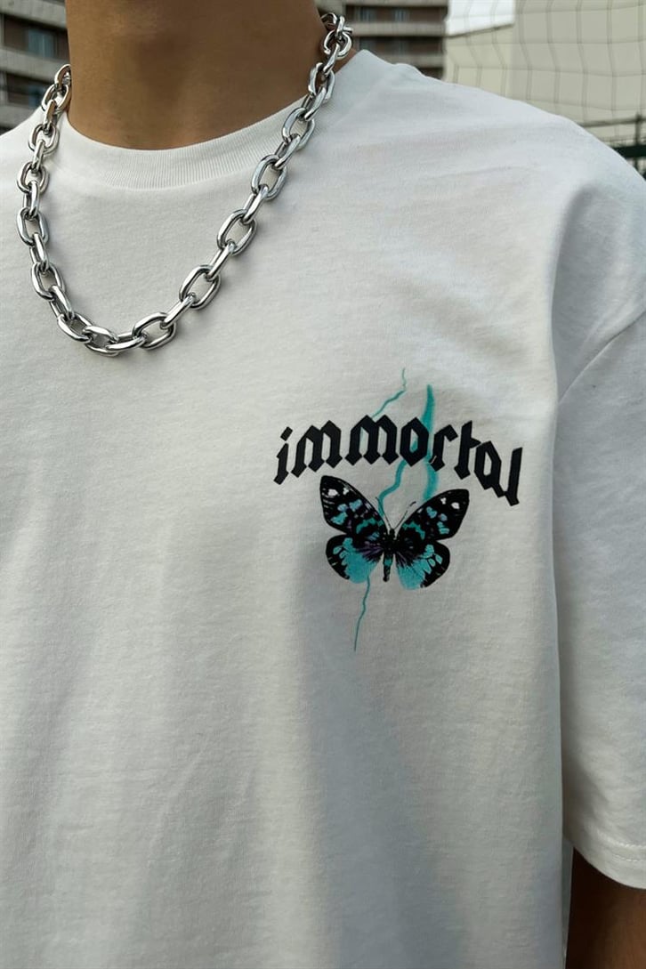 Reckless Skull Baskılı Beyaz Oversize Tişört