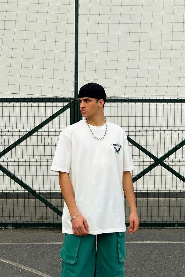 Reckless Skull Baskılı Beyaz Oversize Tişört