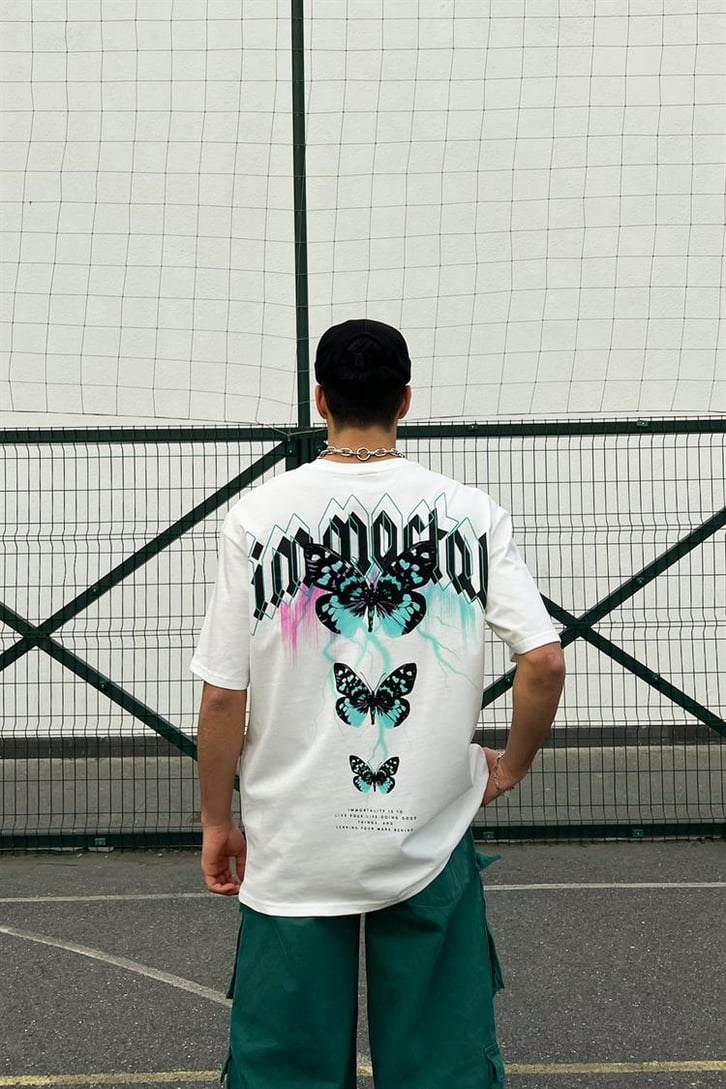 Reckless Skull Baskılı Beyaz Oversize Tişört