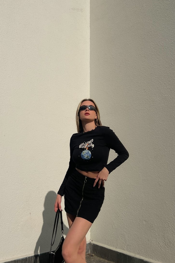 Reclaimed Vintage Siyah Uzun Kollu Crop