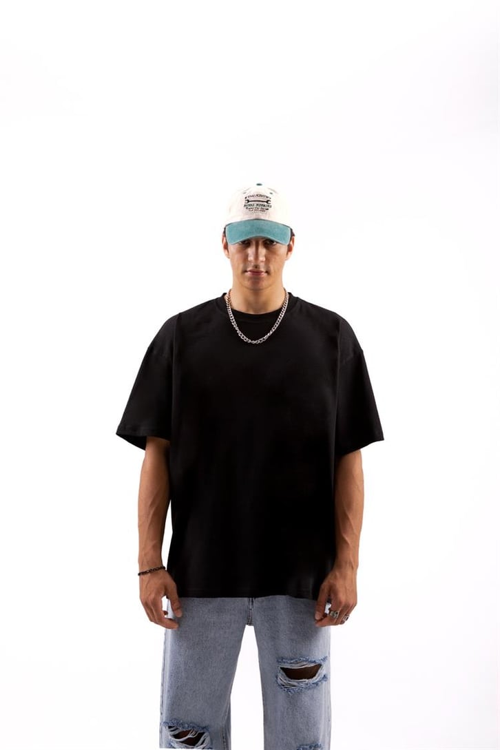 Recycle Baskılı Siyah Oversize Tişört