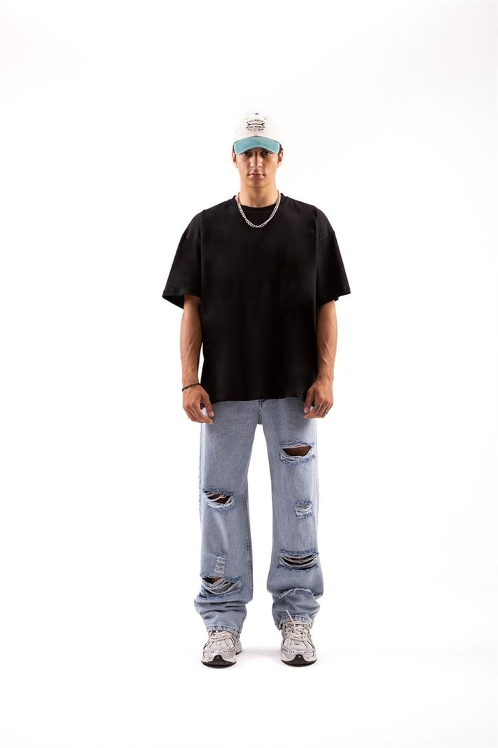 Recycle Baskılı Siyah Oversize Tişört