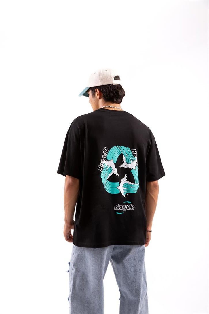 Recycle Baskılı Siyah Oversize Tişört