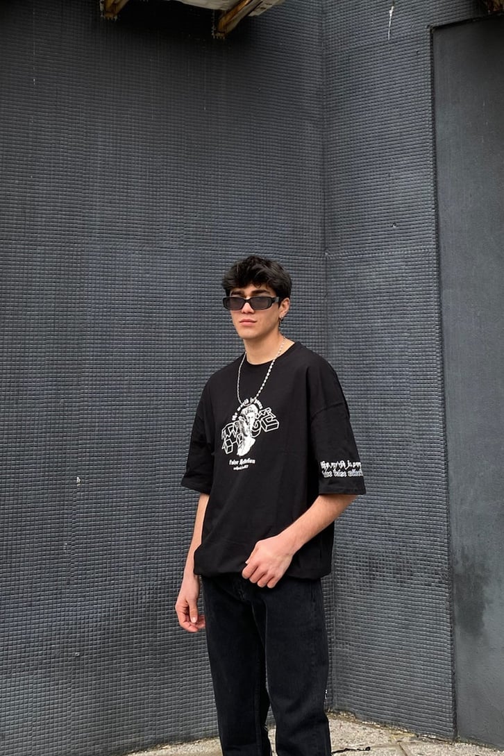 Reflection Oversize Printed Siyah Tshirt