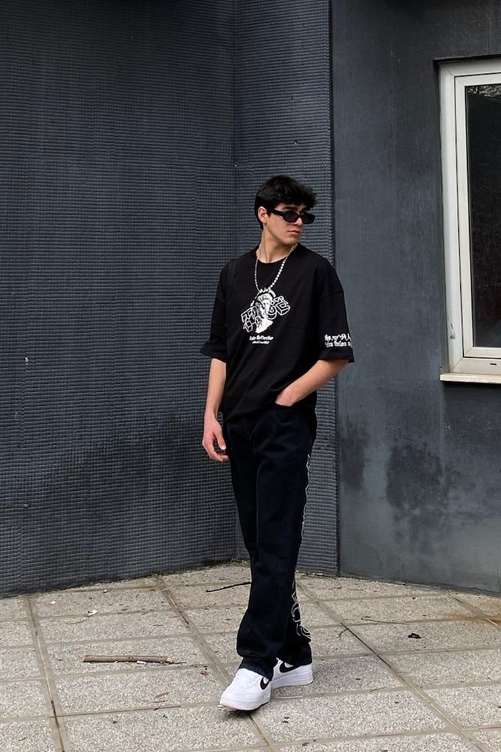 Reflection Oversize Printed Siyah Tshirt