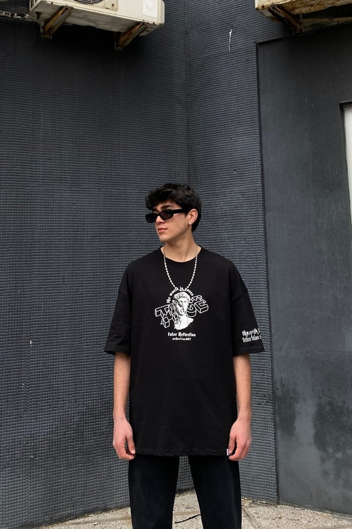 Reflection Oversize Printed Siyah Tshirt