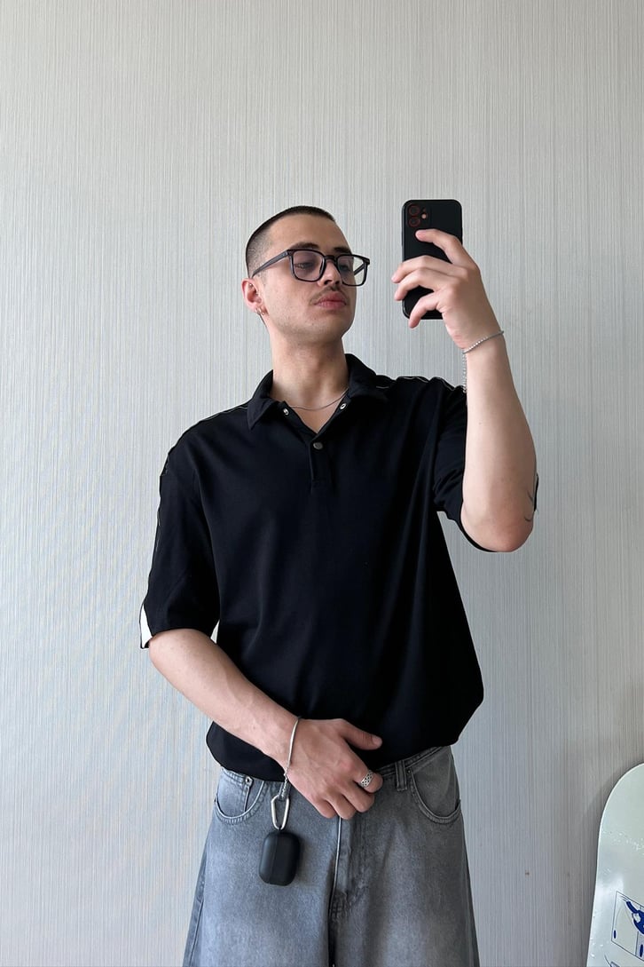 Reflektör Biye Geçiş Polo Yaka Oversize Tişört