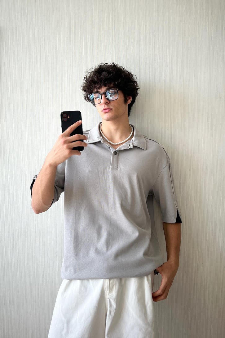 Reflektör Biye Geçiş Polo Yaka Oversize Tişört