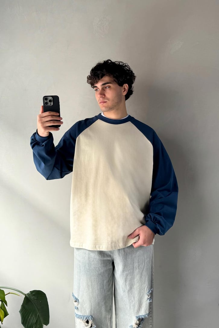 Reglan Kol Oversize İndigo Long Sleeve Tişört