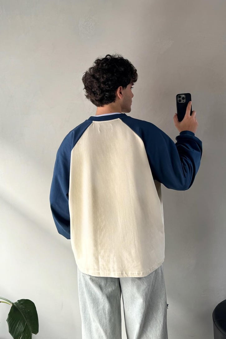 Reglan Kol Oversize İndigo Long Sleeve Tişört