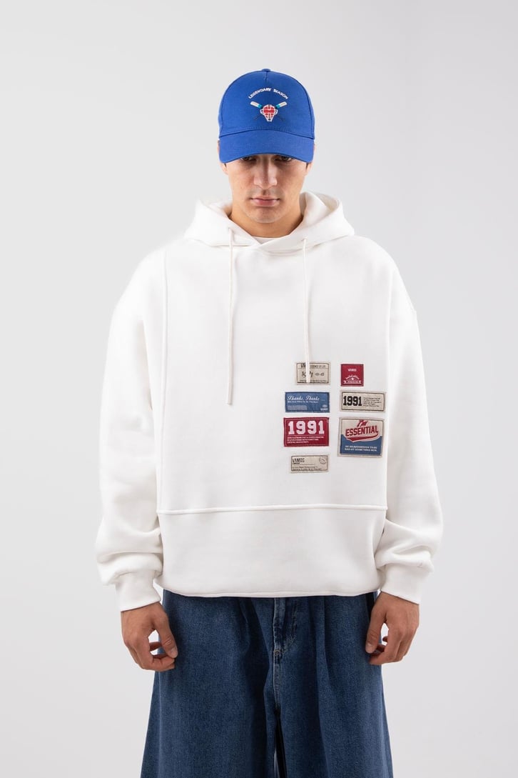 Relax Fit 90's Etiketli Beyaz Hoodie