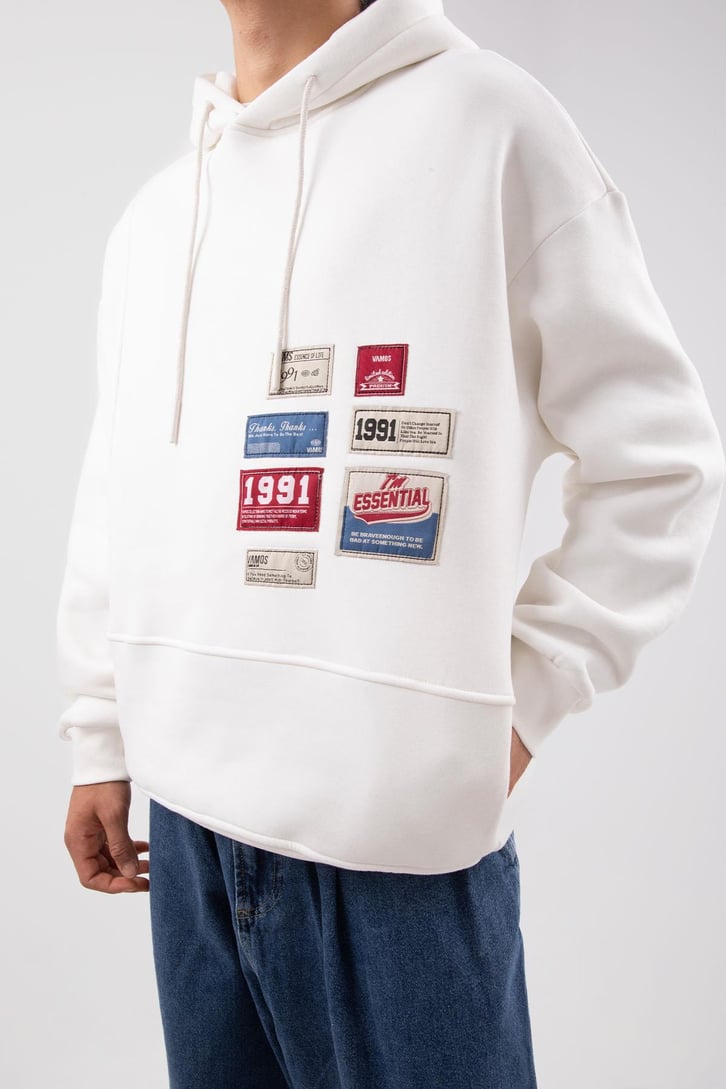 Relax Fit 90's Etiketli Beyaz Hoodie