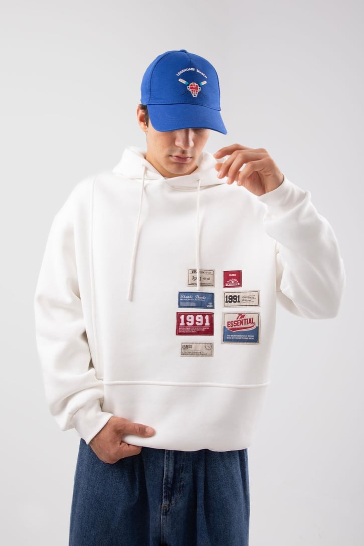 Relax Fit 90's Etiketli Beyaz Hoodie
