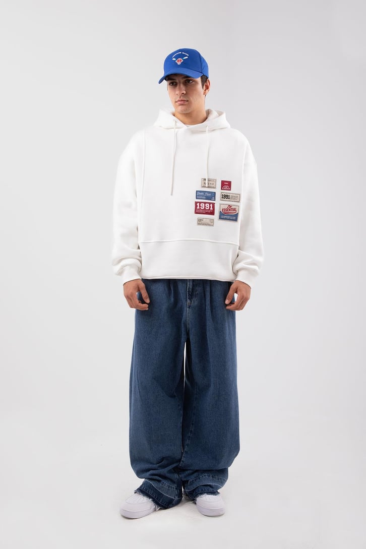 Relax Fit 90's Etiketli Beyaz Hoodie