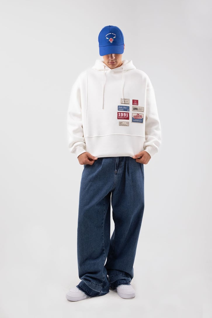 Relax Fit 90's Etiketli Beyaz Hoodie