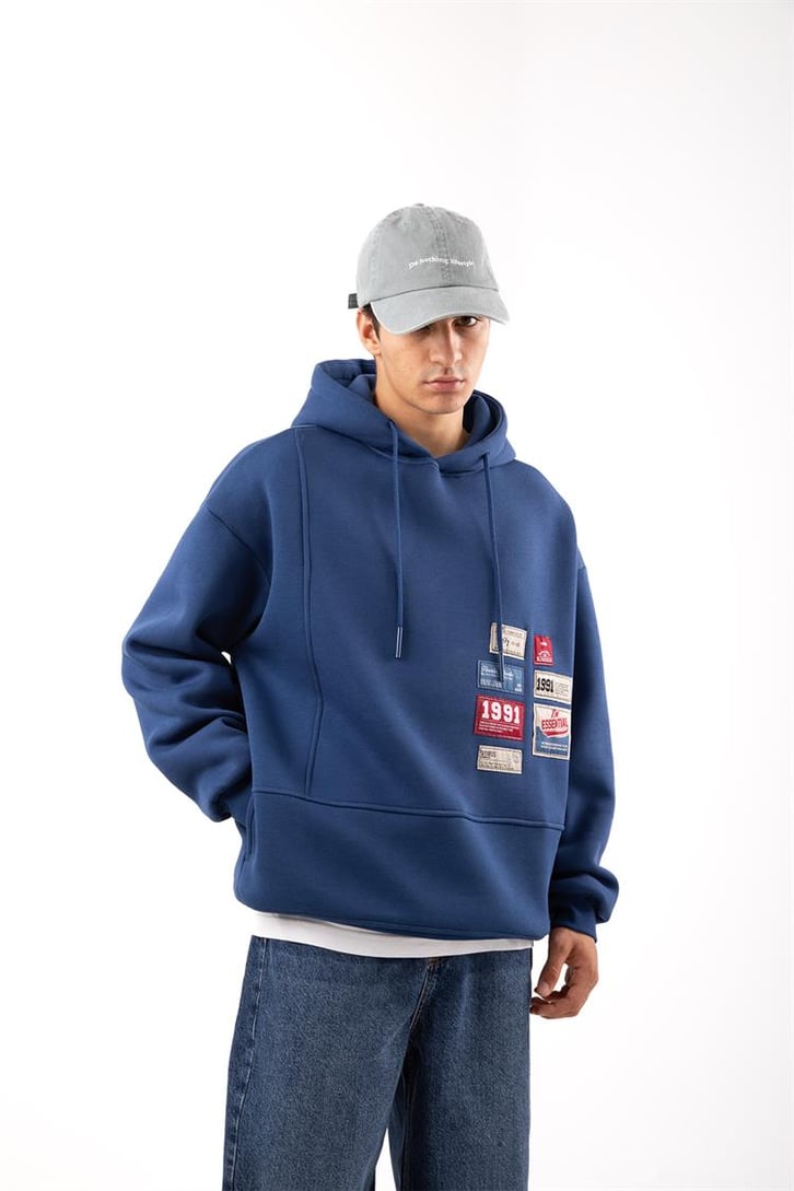 Relax Fit 90's Etiketli Mavi Hoodie