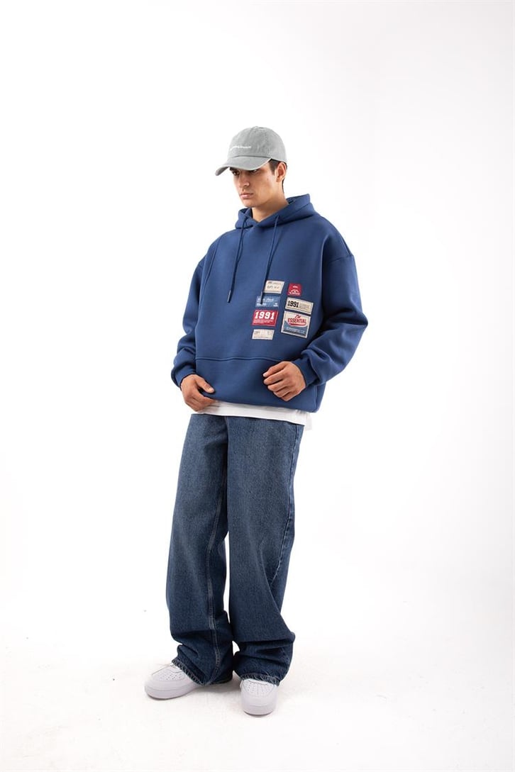 Relax Fit 90's Etiketli Mavi Hoodie