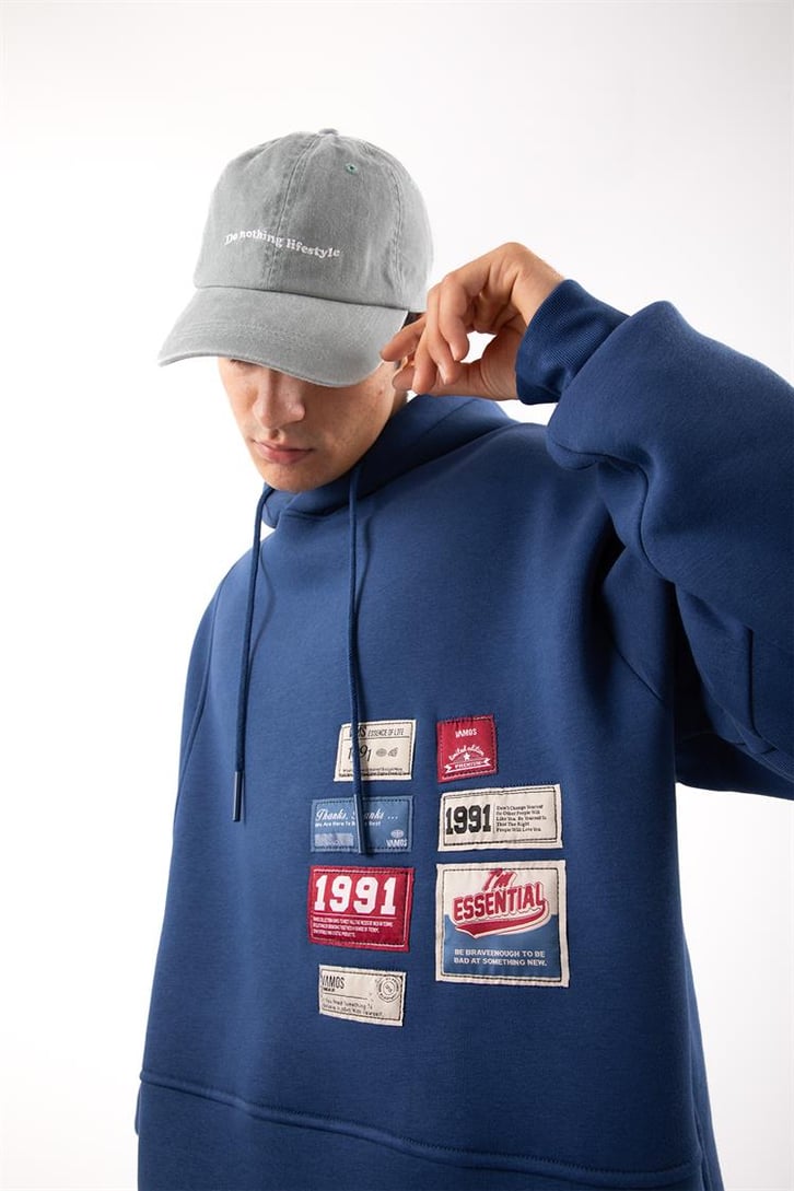 Relax Fit 90's Etiketli Mavi Hoodie